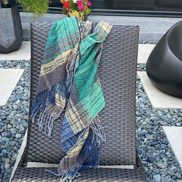 Scarf wrap plaid, extra, large, soft, warm, unisex, navy, taupe, green mustard - Picture 3 of 7